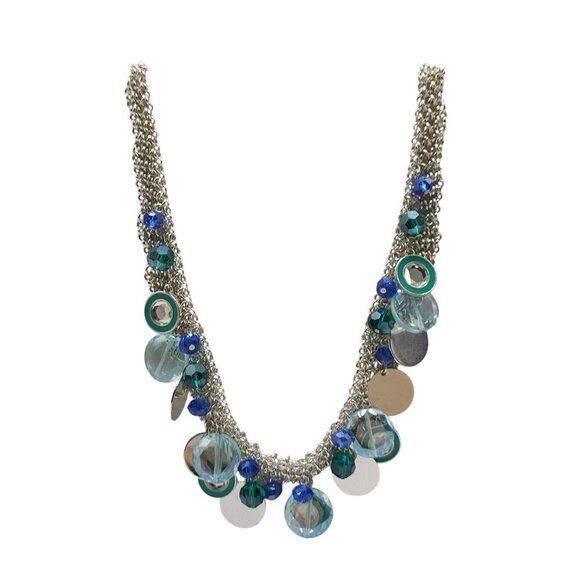 Nine West Silver Tone Blue Multi Color Beaded Necklace With Circular Accents - Picture 1 of 7
